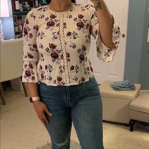 Tie back lace trim blouse